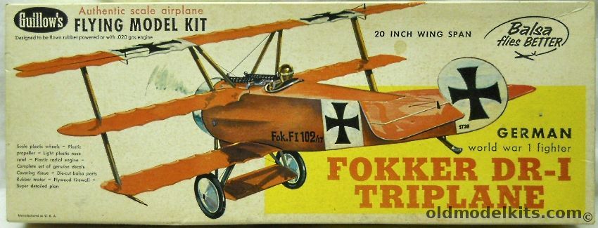 Guillows Fokker DR-1 Triplane - 20 inch Wingspan for Free Flight or R/C Conversion, 204 plastic model kit
